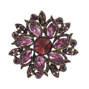 Purple Rhinestone Floral Brooch Pin Flower Rivoli Gold Tone